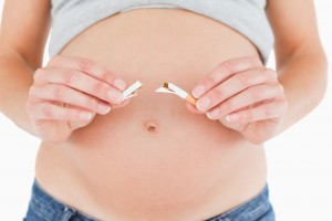 Young pregnant woman holding a broken cigarette while standing against a white background
